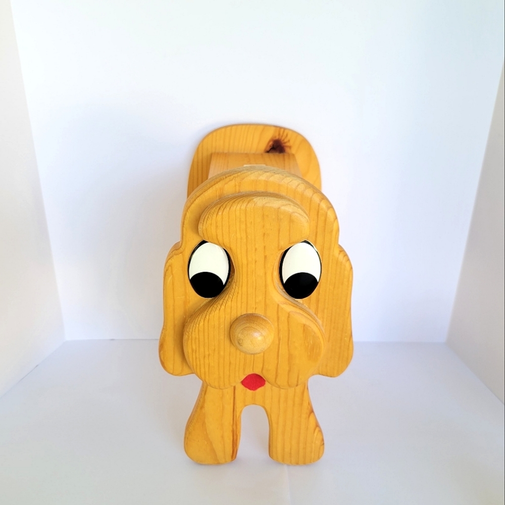 Vintage Handmade Wooden Big Eyed Dog Piggy Bank